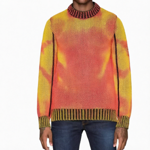 Pull en tricot épais multicolore personnalisé pour homme, col montant jaune corail, pull à côtes contrastées, tricot OEM sous marque privée - Product Image 1