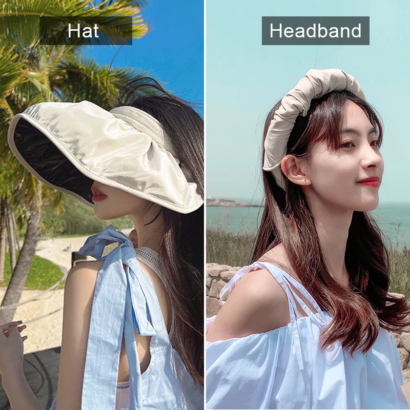 Cappelli con visiera parasole da donna, a tesa larga, protezione dai raggi UV, cappello da spiaggia, Nero e bianco, taglia unica