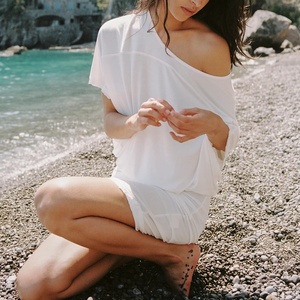 Custom White Off Shoulder Mini Dress Oversized 3/4 Sleeve <b>Wrap</b> Detail Frayed Hem Bodycon Midi <b>Beach</b> Sundress - Product Image 3