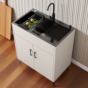 Meuble d'évier de cuisine autoportant avec évier en acier inoxydable nano noir et portes de rangement, évier utilitaire robuste - Product Image 1