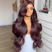 Perruque Lace Front Rouge Bourgogne Personnalisée en Cheveux Humains, Ondulée, Cheveux Vierges, Densité 300%, Frontale HD Transparente, Sans Colle