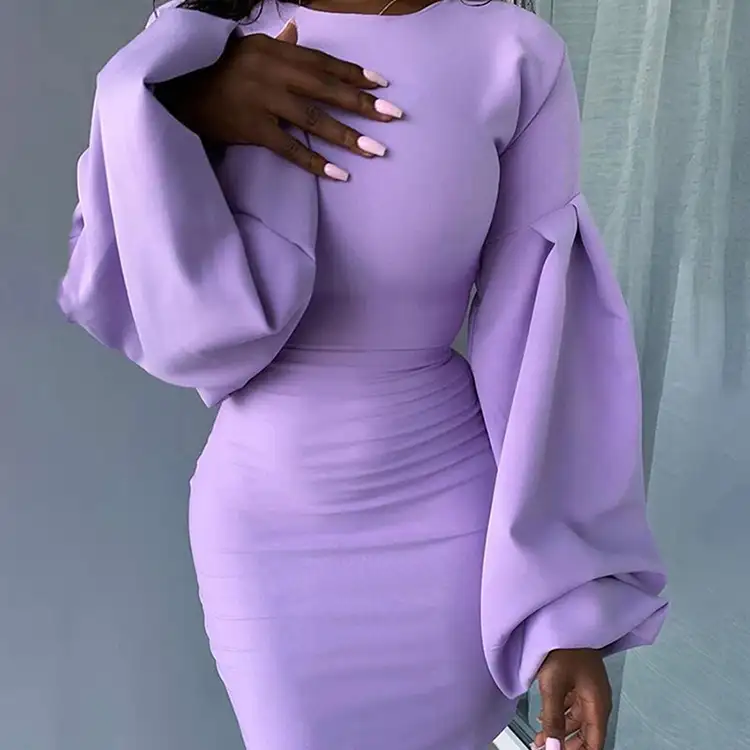 Облегающее фиолетовое платье-пуловер с круглым вырезом и длинным рукавом-фонариком, женские платья 2020