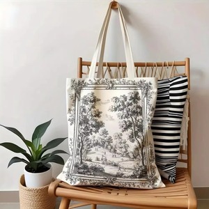 Sac fourre-tout vintage en <span class=keywords><strong>toile</strong></span> <span class=keywords><strong>de</strong></span> <span class=keywords><strong>Jouy</strong></span>, imprimé paysage gravé à l'aquarelle, sac à bandoulière réutilisable et écologique pour le shopping - Product Image 1
