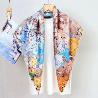 Écharpe carrée pour femme en soie de mûrier 100% twill Xintila, imprimé floral de jardin, collection printemps, couleur bleue, châle en soie