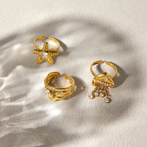 Fashion Rings Women's Gold Plated Zircon Star Shape Adjustable Ring Gift Jewelry Pave Setting Beach Style - Product Image 2