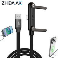 Câble de charge multi-ports USB-A vers Type C avec support réglable multi-angle, câble de charge rapide 65W, support invisible 2-en-1
