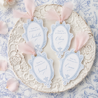Étiquettes personnalisées découpées sur mesure en papier fantaisie pour mariage, cadre vintage, ruban en mousseline, œillet doré, estampage à chaud, noms personnalisés