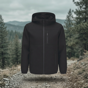 Men's <b>Hooded</b> <b>Fleece</b> <b>Jacket</b> Zipper Closure Windproof Casual Solid Black Autumn Wear Regular Fit Polyester Material - Product Image 2