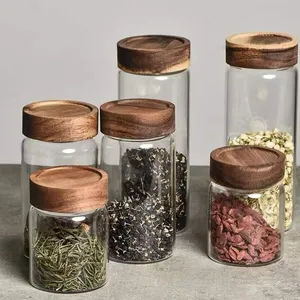 Chất Lượng Cao Acacia Gỗ Thực Phẩm Lưu Trữ Kín Borosilicate Glass Jar Với Nắp, Keo Nắp Glass Thực Phẩm Jar