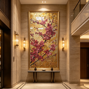 Quadro da Parete All'ingrosso con Fiori di Prugna, Pittura a Impasto Spesso, Sfondo Dorato, Decorazione per Ingresso, Pittura in Porcellana Cristallo con LED - Product Image 1