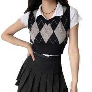 Vintage <span class=keywords><strong>Plaid</strong></span> Chandail Gilet Femmes V-cou Sans Manches Réservoir Collège Style À Tricoter Pulls Tops pour Tous Les Jours - Product Image 1