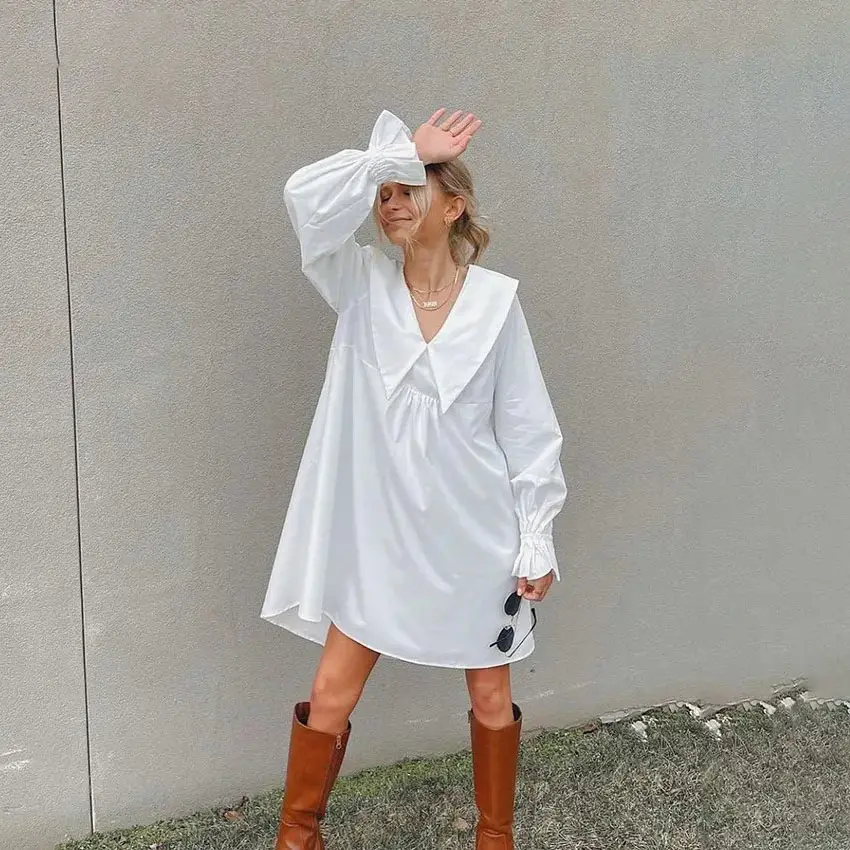 2024 Spring Solid Casual Women Mini Vintage white Peter Pan Collar Dress Flare Long Sleeve Loose Dress