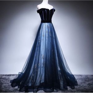 Evening Gown Women Long Navy Blue Off The Shoulder Empire Waist Tulle Dress Elegant Performance Trailing Gown - Product Image 3