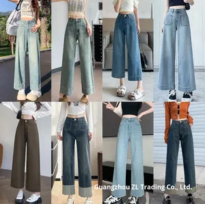 Jean décontracté taille haute pour femme, coupe droite, fin, amincissant, coupe ample, jambe large, couleur unie, style simple, idéal pour l'été - Product Image 1