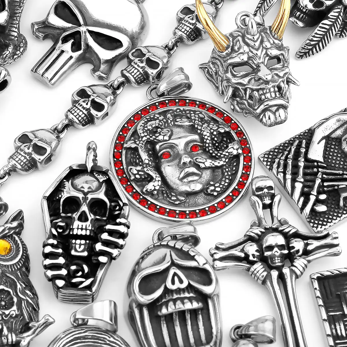 Gothic Original Skull Charm   Pendant Punk Hip Hop Biker Rock Necklace Stainless Steel Ghost Head Accessories Men Jewelry