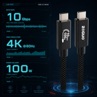 Câble USB-C USB3.2 Gen 2 10 Gbps 100 W PD 4K/60 Hz en alliage d'aluminium tressé compatible avec ordinateur portable, moniteur, VR