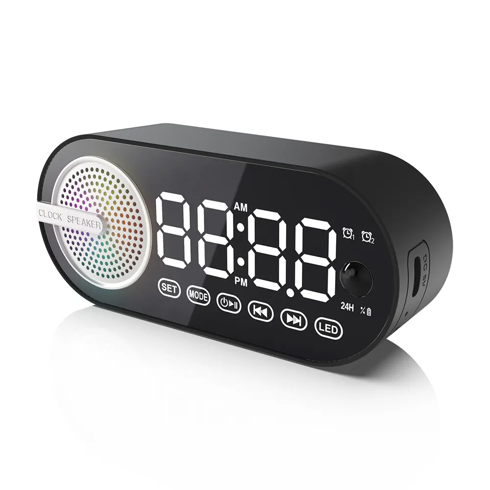 Hot Sale Wireless Mini Portable Home Speaker with FM Radio Led Light Dual Alarm Clock Bluetooth Speakers Bluetooth Earphone RGB