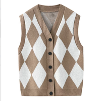 Rompi Rajut Kancing Khusus 100% Katun Anti Kusut Tanpa Lengan V-Neck Motif Kotak-Kotak Pria Sweater Vest Musim Gugur