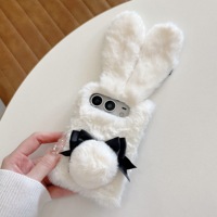 Casing HP Lucu Bertelinga Kelinci Berbulu Lembut untuk iPhone Duo dengan Tali, Casing Plush Kartun Lucu untuk iPhone Duo