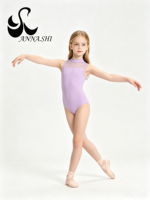 Justaucorps de ballet sans manches en maille lavande clair à col montant pour filles, idéal pour l'entraînement de gymnastique et de danse pour enfants