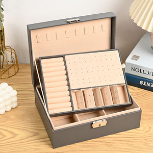 Kotak penyimpan perhiasan beludru 2 lapisan, wadah penyimpanan kulit dengan kunci untuk anting wanita, Kalung Gelang - Product Image 3