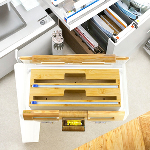 Wholesale Custom Modern Bamboo <strong>Cling</strong> Film <strong>Dispensers</strong> 2-in-1 Aluminum Foil Packaging Storage Drawers Rectangle Kitchen Storage - Product Image 3