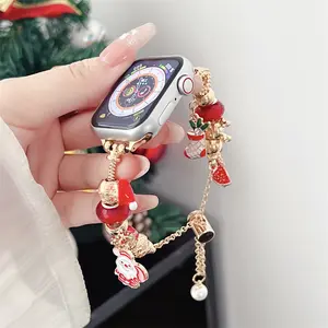 Gelang logam liontin Natal lucu, tali jam Bling perempuan untuk jam tangan Apple Ultra 38mm 41 44mm 49mm 9 8 7 pita hadiah