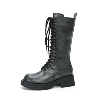 Bottes mi-mollet en cuir lavé style rétro pour femmes Gleibo, à lacets sur le devant, talon épais, tendance, vente chaude, bottes populaires