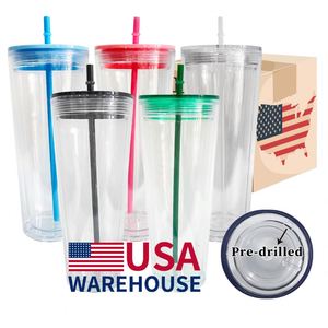 USA Snow Globe Acrylic Pre Drilled Clear 24 oz Plastic <b>Cups</b> <b>with</b> <b>Lids</b> Wholesale Bulk 24oz Double Wall Tumbler for UV DTF Wraps - Product Image 1