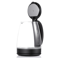 Bouilloire électrique en verre RAF 1500W, taille familiale, capacité de 2L, action de chauffe rapide, base pivotante stable à 360 degrés