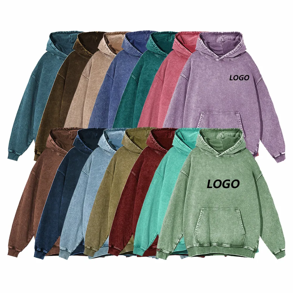 Groothandel Custom Streetwear Satijn Fleece Hoge Kraag Gevoerde Kleding Vintage Zuur Wassen Zon Vervaagd Distressed Hoodies Voor Mannen