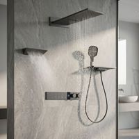 Ensemble de douche thermostatique en laiton finition brossée, barre coulissante murale, mitigeur à poignée unique, 4 modes : Doux/Pluie/Massage/Jet