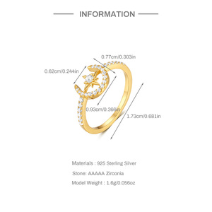 แหวนเงินแท้ชุบทอง 18K รูปดาวและพระจันทร์สำหรับผู้หญิงจาก CANNER Jewelry แหวนแบบเรียบหรู - Product Image 6