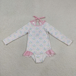 Maillot de bain rose à volants et nœuds pour bébés filles, manches longues, motif floral, vêtements d'été pour tout-petits, en stock - Product Image 5