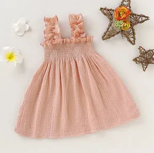 Thời trang bé gái bên Dresses Linen trẻ mới biết đi trẻ em mùa hè quần áo giản dị bé gái Ăn mặc