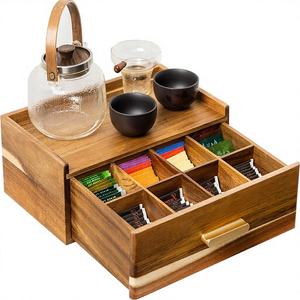 Caja de Almacenamiento de Cápsulas de Café de Madera Simplificada con Compartimentos, Caja de Almacenamiento de Té de Madera con Cajón, Caja de Madera para Utensilios de Té - Product Image 1