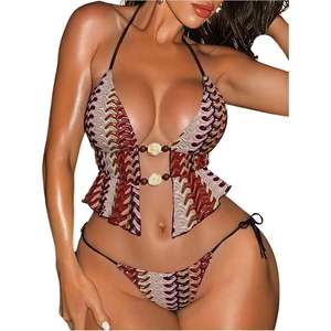 ชุดบิกินี่แบบผูกคอสำหรับผู้หญิง ลายพิมพ์สองชิ้น ชุดว่ายน้ำบราซิลเลี่ยน ผ้าสแปนเด็กซ์โพลีเอสเตอร์ยืดได้ - Product Image 5