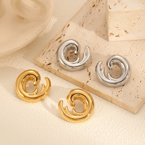 Wave-Shaped Stainless Steel Stud Earrings For Women Geometric C Shape Gold <b>Silver</b> Tone Fashion Jewelry - Product Image 2