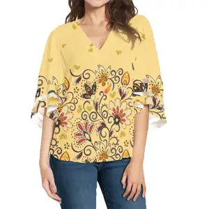 Chemisier manches chauve-souris pour femmes, haut jaune bohème imprimé Floral Design personnalisé manches papillon chemisier femmes Blouse en mousseline de soie