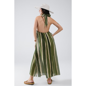 Abito lungo con scollo a V e spacco laterale in verde tie-dye a righe - Product Image 2