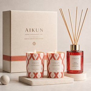 ชุดอโรมาสำหรับบ้าน AIKUN เทียนหอมถั่วเหลืองทำมือในแก้วสีแดง พร้อมก้านไม้หอม  รับผลิตแบบ OEM ODM สำหรับบรรจุภัณฑ์ของขวัญงานแต่งงาน - Product Image 1