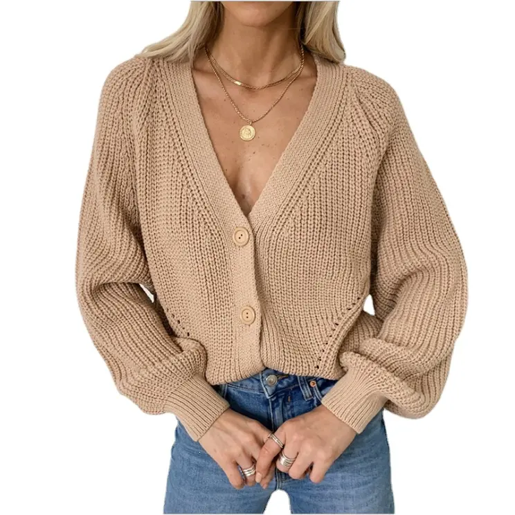 New Styles Women's Plain V Neckline Button Down Knitwear Lantern Sleeve Basic Knit Cardigan Sweater Tops