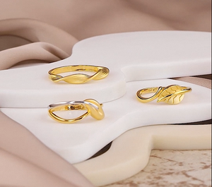 22K <b>Gold</b> Leaf Design <b>Ring</b> <b>Set</b> for Women Adjustable Open <b>Rings</b> Minimalist Fashion Jewelry <b>Set</b> of 3 Elegant Gift - Product Image 1