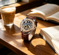 Montre mécanique automatique pour homme, cadran squelette ajouré, affichage des phases lunaires, bracelet en cuir véritable marron, montre-bracelet de style professionnel