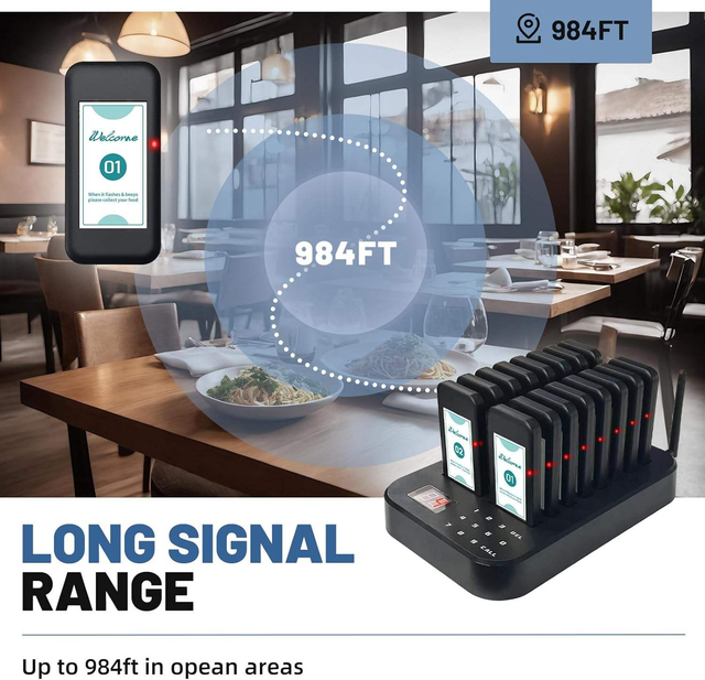 NEW Wireless Restaurant Pager System Free Logo 16 Pagers Calling System for Truck Cafe Shop Bar Bank Waterproof Customer Buzzer
