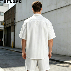Conjunto de Camisa a Rayas Personalizada y Pantalones Cortos con Cordón, Transpirable, Estilo Urbano, Dos Piezas, Venta al Por Mayor - Product Image 3