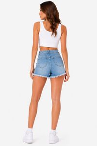 Shorts in denim a vita alta con orlo sfrangiato e tasche, in cotone stonewashed, stile casual, per l'estate - Product Image 4