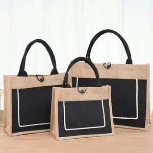 Reusable Custom Printed Eco-Friendly <b>Beach</b> Shopping Grocery Clothes Packaging Jute Tote <b>Bag</b> <b>With</b> Pocket and Button - Product Image 2