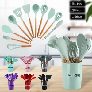 12 cái Silicone phụ kiện nhà bếp nấu ăn Cookware Set đồ dùng nhà bếp cocina Silicone đồ dùng nhà bếp với tay cầm bằng gỗ