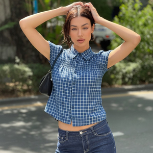 Women's Plaid Button Down Shirt Lapel Collar Woven School Style Basic Casual Blouse Clearance Price <b>Top</b> - Product Image 4
